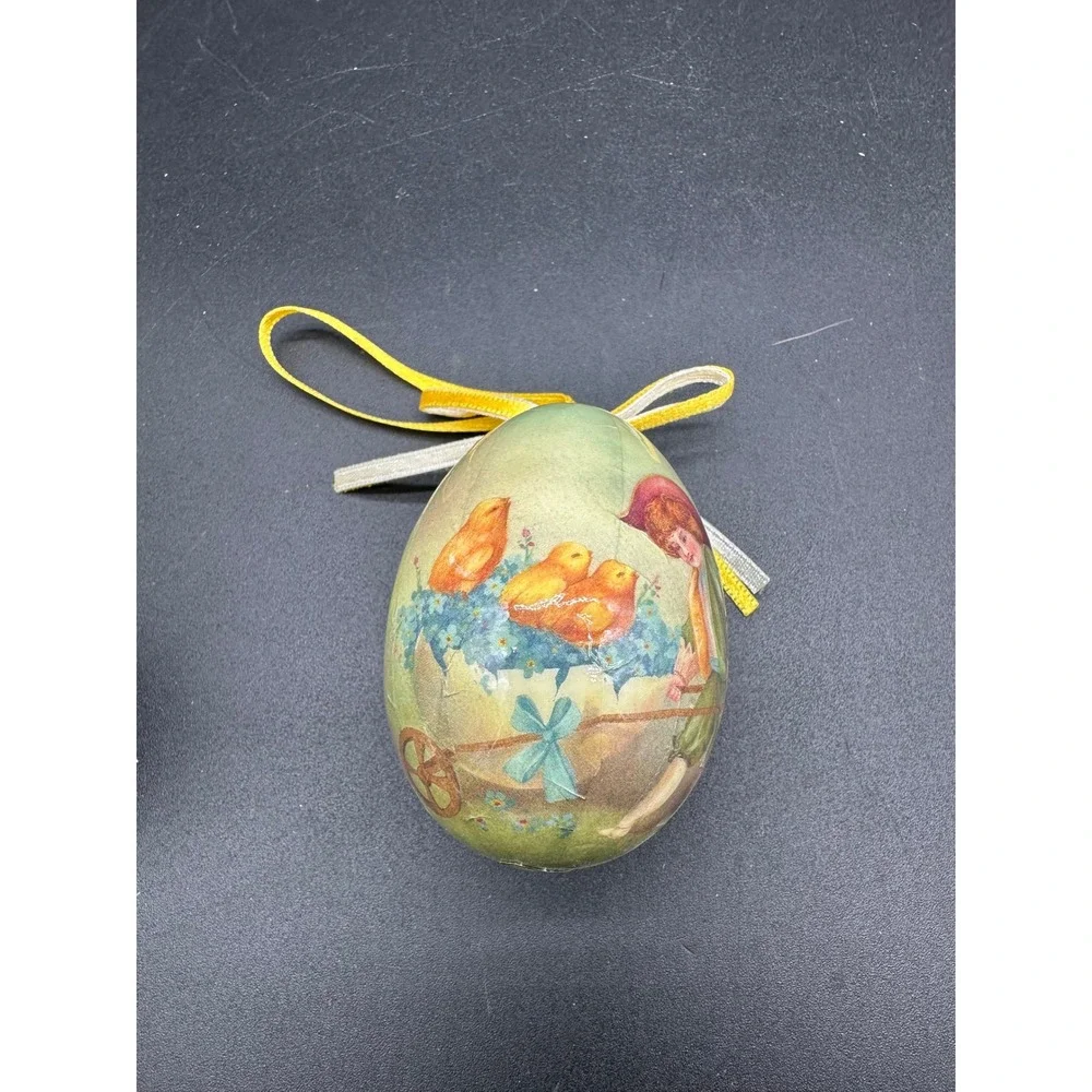 Vintage Paper Mache Easter Egg Ornament Chicks Flower Cart‎ Hanging Spring Egg